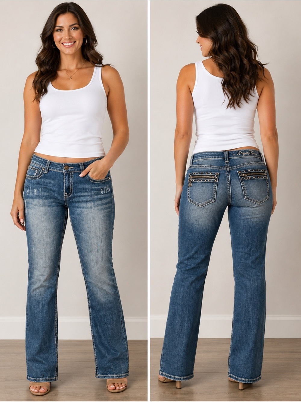 Request Jeans Size 17/36 Medium Blue Straight Leg Studded Back Zip Pockets
